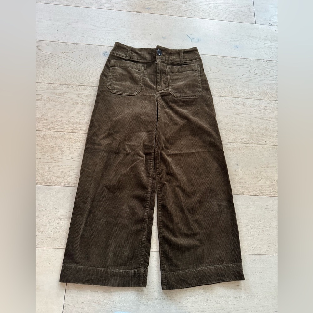 Maeve Anthropologie Colette Corduroy Wide Leg Crop Pants Olive Green 25P - Picture 5 of 9